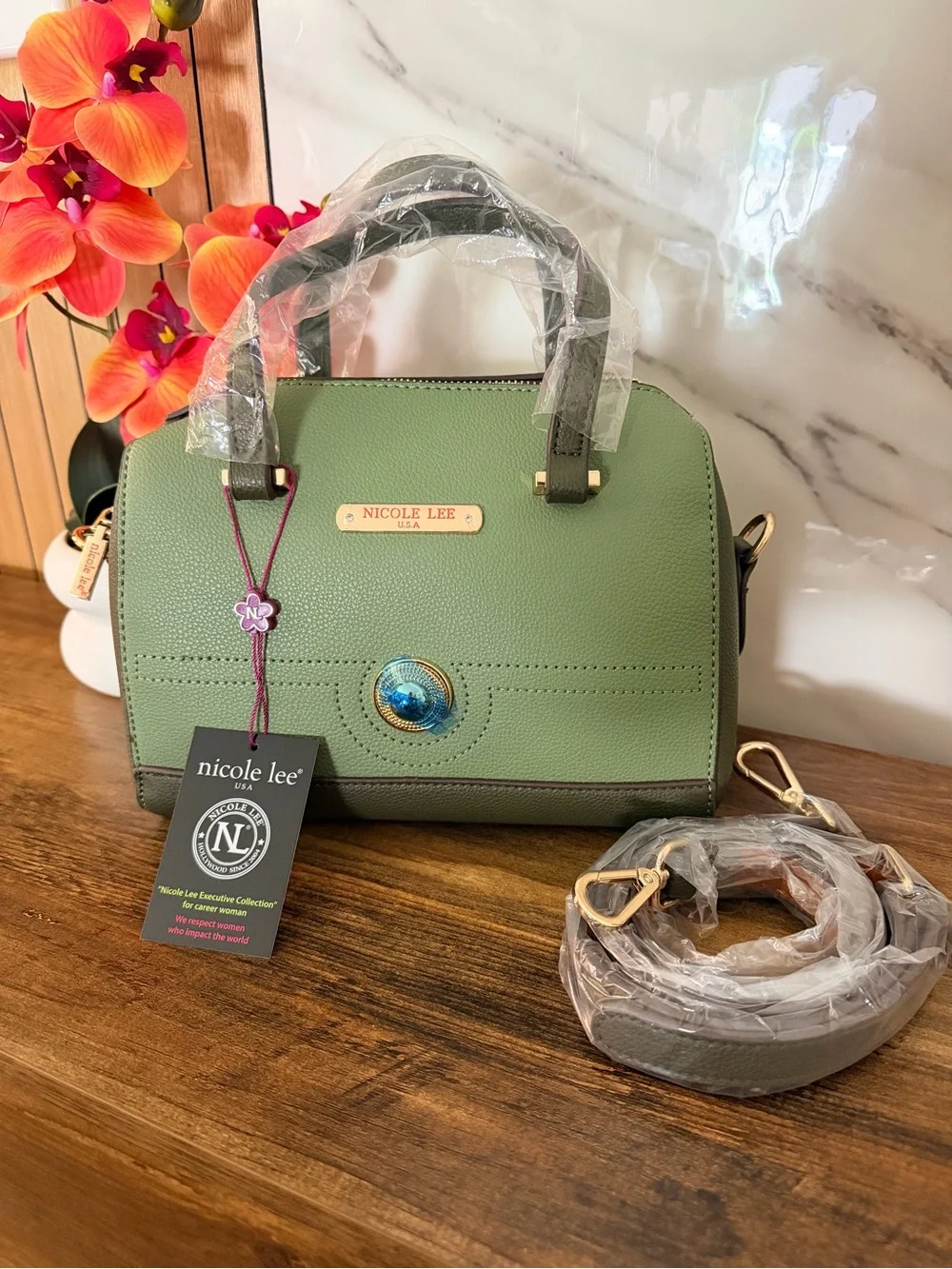 Nicole Lee Dark Olive Dome Satchel with Gold Accents